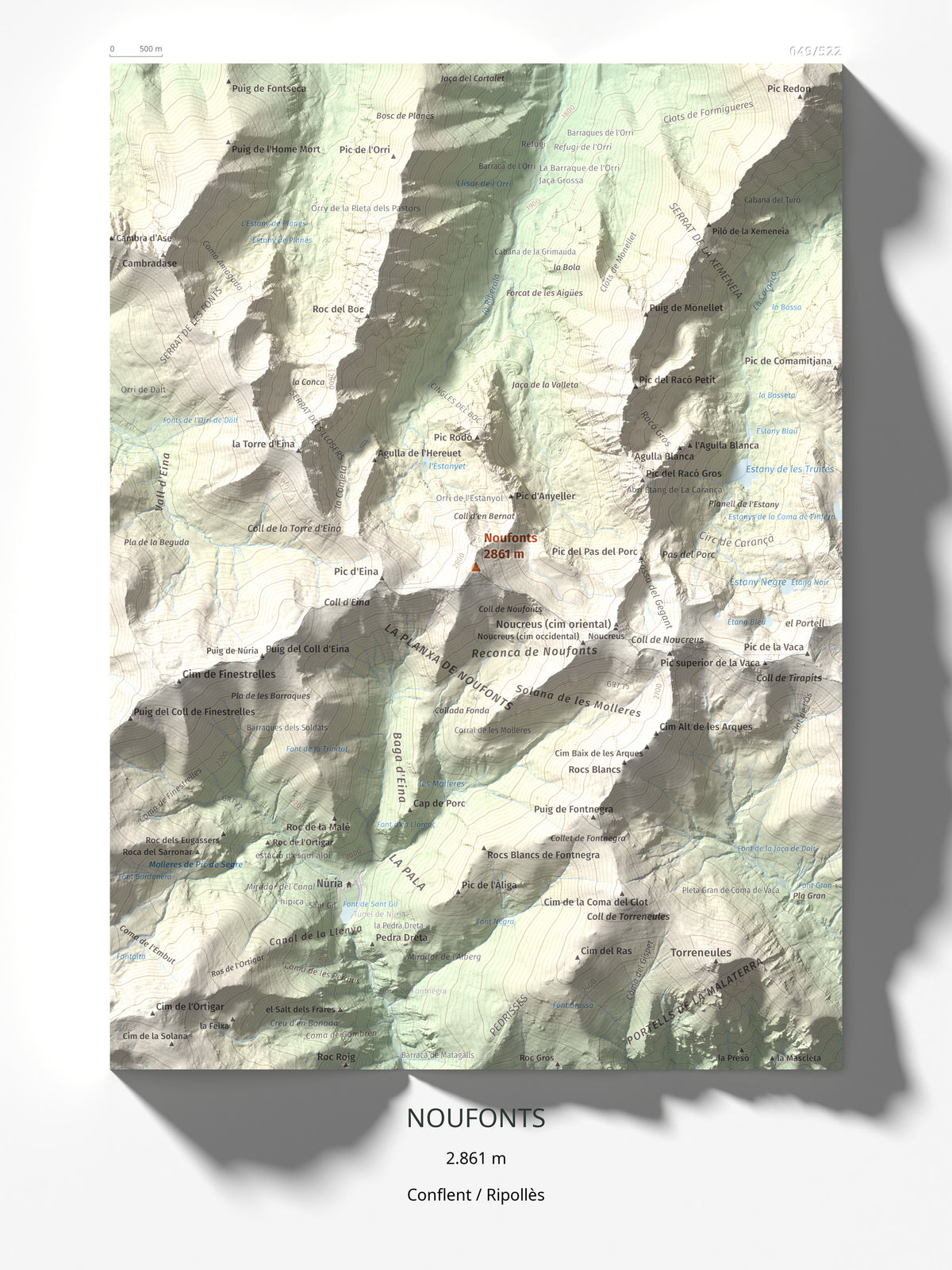 Mapa de relieve de Noufonts, 2861 m, Conflent · Ripollès, lámina 100 Cims de Trobart 30 × 40 cm.