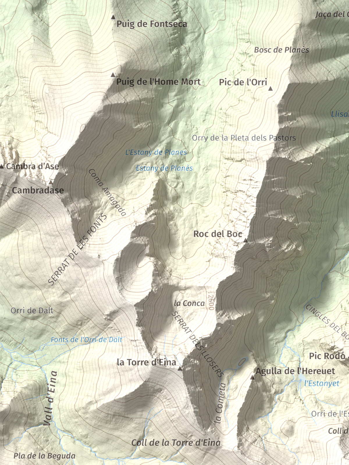 Mapa de relieve de Noufonts, 2861 m, Conflent · Ripollès, lámina 100 Cims de Trobart. Detalle de la zona superior izquierda. 30 × 40 cm.