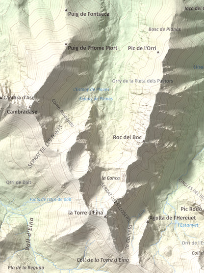 Mapa de relieve de Noufonts, 2861 m, Conflent · Ripollès, lámina 100 Cims de Trobart. Detalle de la zona superior izquierda. 30 × 40 cm.