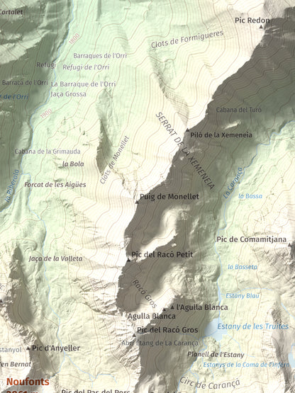 Mapa de relieve de Noufonts, 2861 m, Conflent · Ripollès, lámina 100 Cims de Trobart. Detalle de la zona superior derecha. 30 × 40 cm.