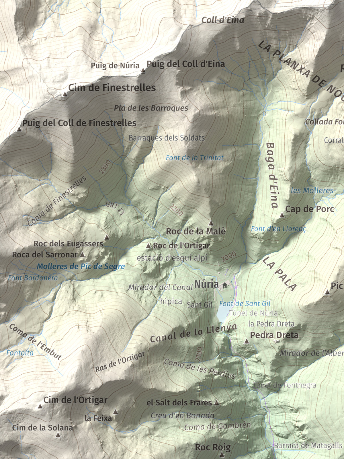 Mapa de relieve de Noufonts, 2861 m, Conflent · Ripollès, lámina 100 Cims de Trobart. Detalle de la zona inferior izquierda. 30 × 40 cm.