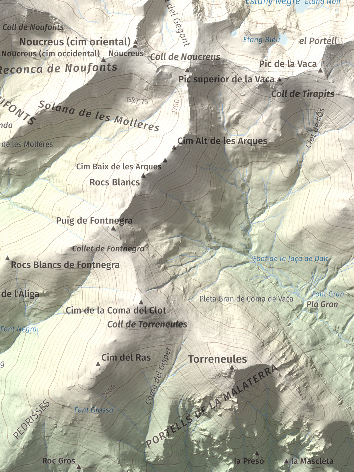 Mapa de relieve de Noufonts, 2861 m, Conflent · Ripollès, lámina 100 Cims de Trobart. Detalle de la zona inferior derecha. 30 × 40 cm.