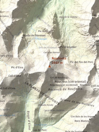 Mapa de relieve de Noufonts, 2861 m, Conflent · Ripollès, lámina 100 Cims de Trobart. Detalle de la zona central. 30 × 40 cm.