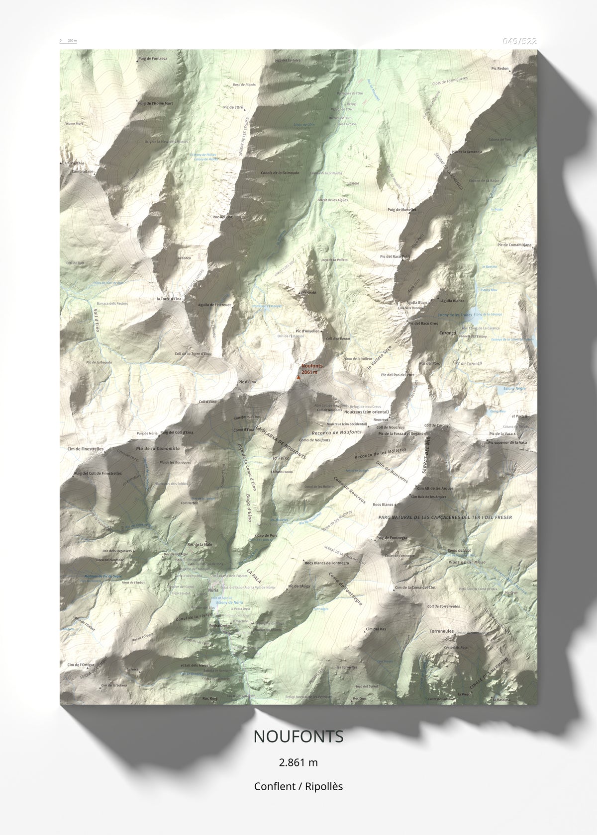 Mapa de relieve de Noufonts, 2861 m, Conflent · Ripollès, lámina 100 Cims de Trobart 50 × 70 cm.