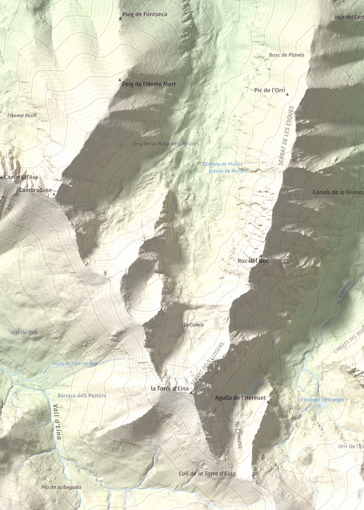 Mapa de relieve de Noufonts, 2861 m, Conflent · Ripollès, lámina 100 Cims de Trobart. Detalle de la zona superior izquierda. 50 × 70 cm.