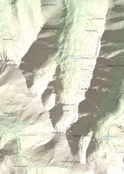 Mapa de relieve de Noufonts, 2861 m, Conflent · Ripollès, lámina 100 Cims de Trobart. Detalle de la zona superior izquierda. 50 × 70 cm.