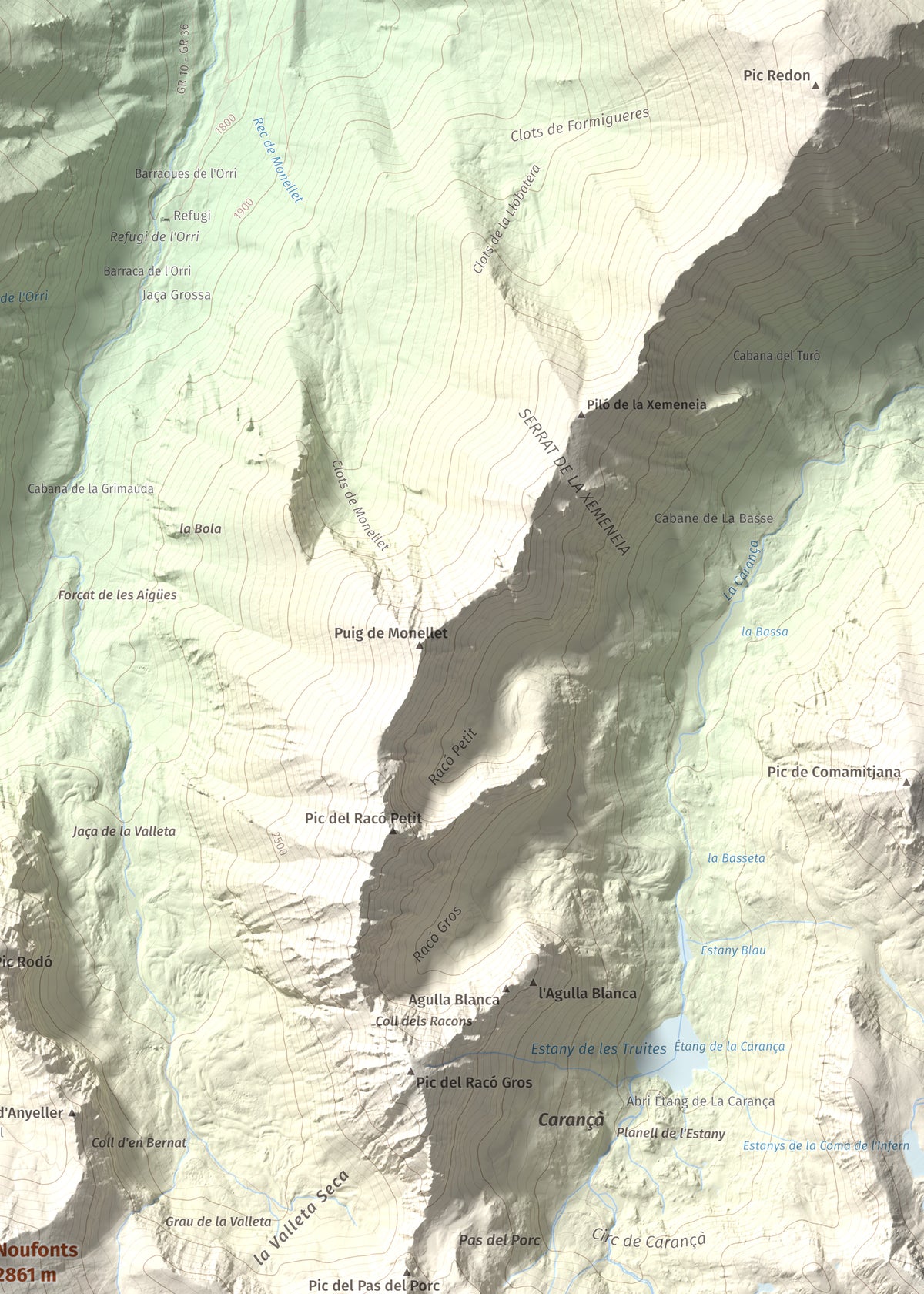 Mapa de relieve de Noufonts, 2861 m, Conflent · Ripollès, lámina 100 Cims de Trobart. Detalle de la zona superior derecha. 50 × 70 cm.