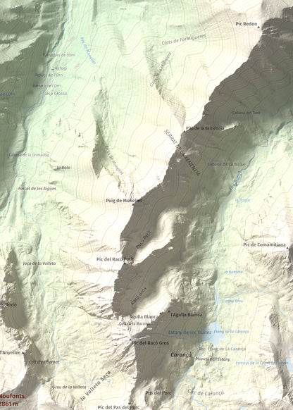 Mapa de relieve de Noufonts, 2861 m, Conflent · Ripollès, lámina 100 Cims de Trobart. Detalle de la zona superior derecha. 50 × 70 cm.