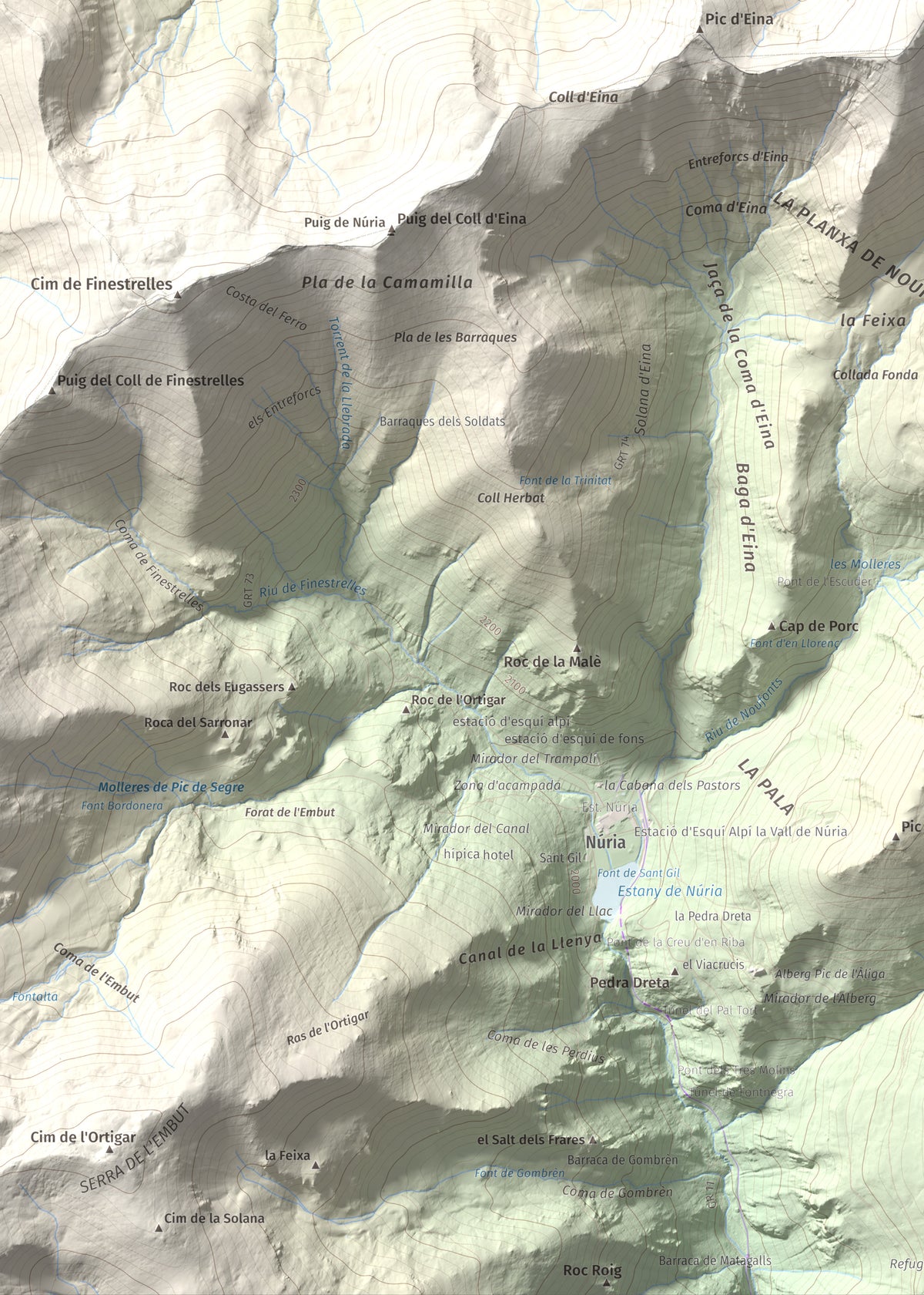 Mapa de relieve de Noufonts, 2861 m, Conflent · Ripollès, lámina 100 Cims de Trobart. Detalle de la zona inferior izquierda. 50 × 70 cm.
