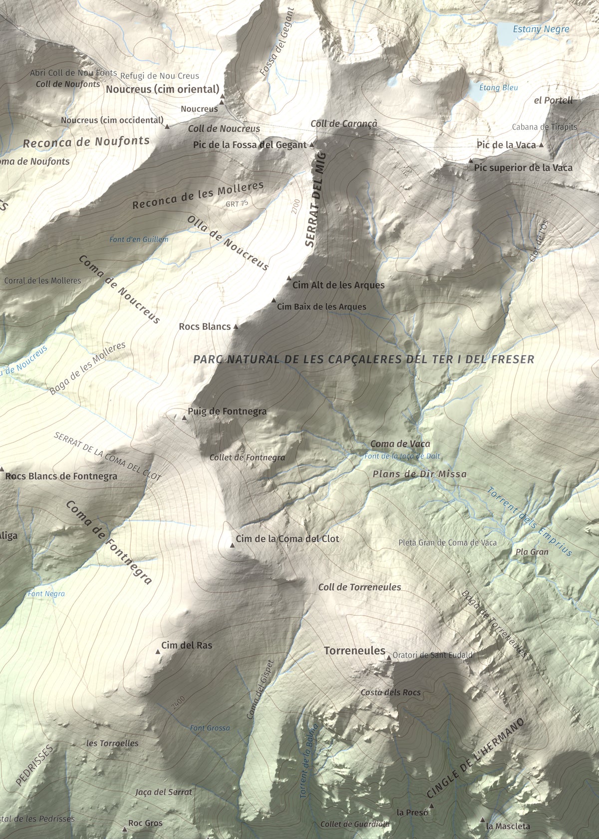Mapa de relieve de Noufonts, 2861 m, Conflent · Ripollès, lámina 100 Cims de Trobart. Detalle de la zona inferior derecha. 50 × 70 cm.