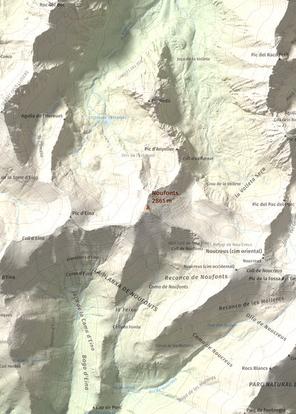 Mapa de relieve de Noufonts, 2861 m, Conflent · Ripollès, lámina 100 Cims de Trobart. Detalle de la zona central. 50 × 70 cm.