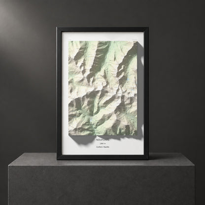 Mapa de relieve de Noufonts, 2861 m, Conflent · Ripollès, lámina 100 Cims de Trobart. Presentación enmarcada. 61 × 91 cm.