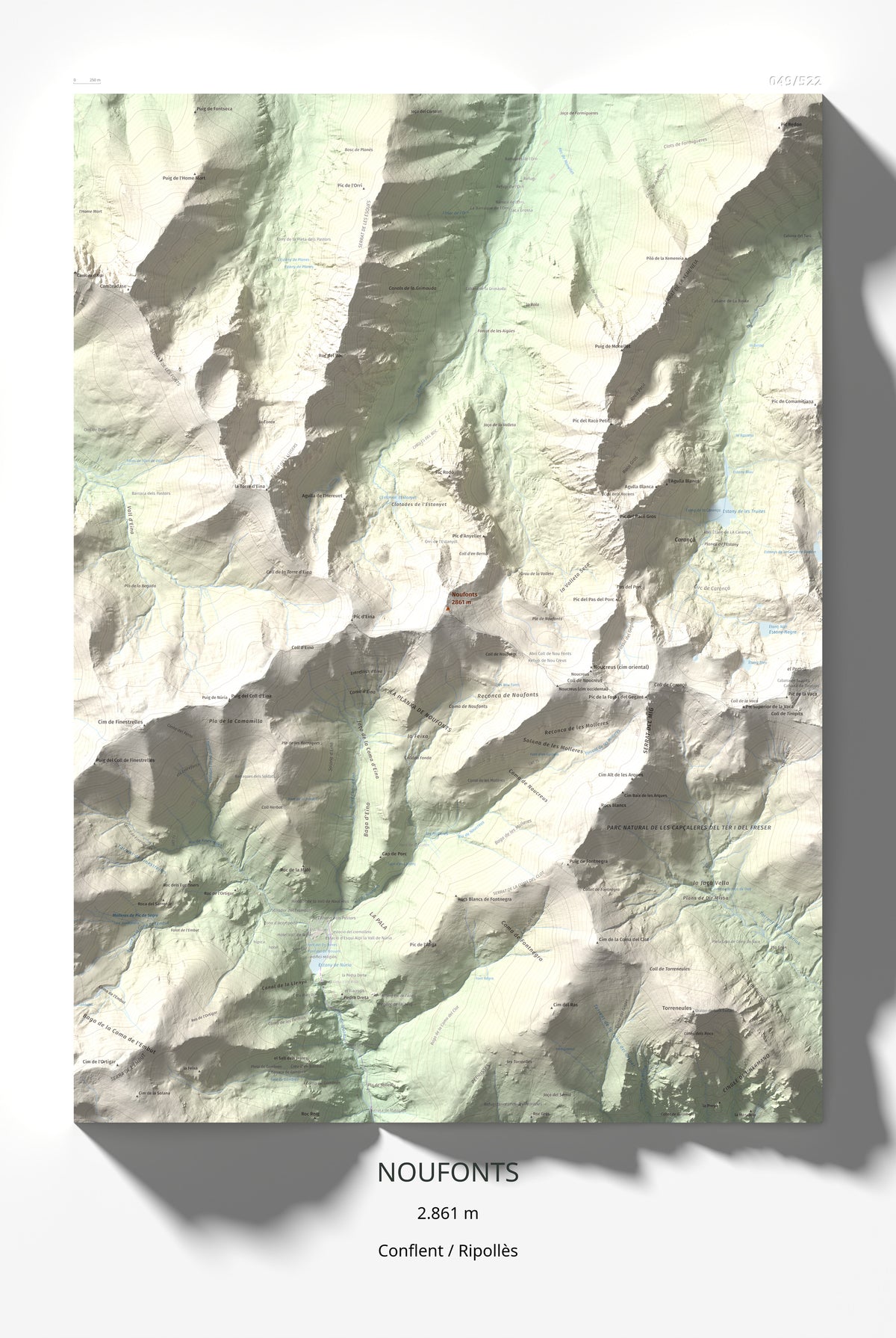 Mapa de relieve de Noufonts, 2861 m, Conflent · Ripollès, lámina 100 Cims de Trobart 61 × 91 cm.