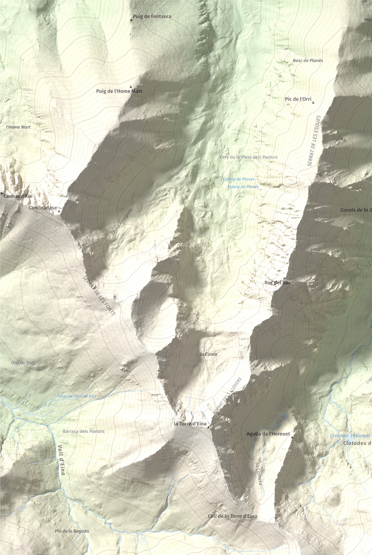 Mapa de relieve de Noufonts, 2861 m, Conflent · Ripollès, lámina 100 Cims de Trobart. Detalle de la zona superior izquierda. 61 × 91 cm.