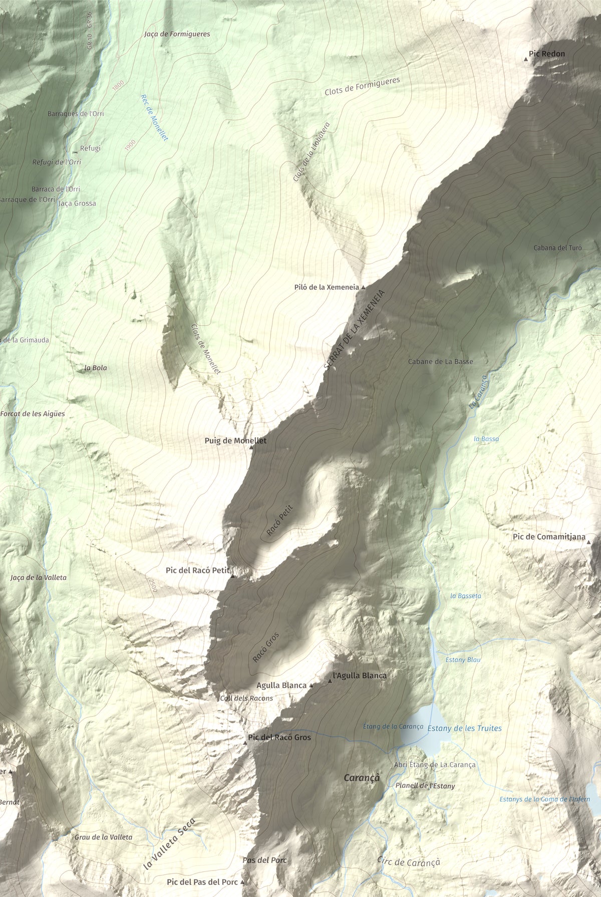 Mapa de relieve de Noufonts, 2861 m, Conflent · Ripollès, lámina 100 Cims de Trobart. Detalle de la zona superior derecha. 61 × 91 cm.