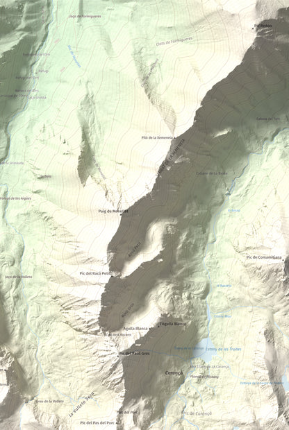 Mapa de relieve de Noufonts, 2861 m, Conflent · Ripollès, lámina 100 Cims de Trobart. Detalle de la zona superior derecha. 61 × 91 cm.