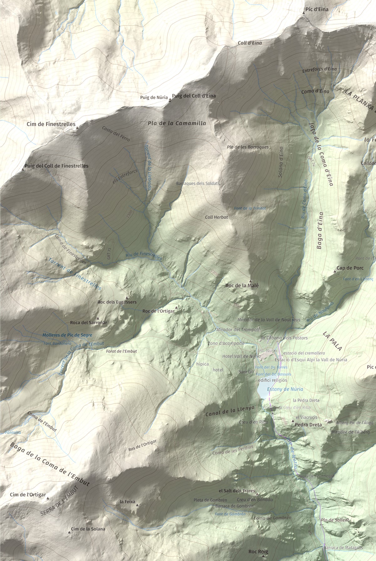 Mapa de relieve de Noufonts, 2861 m, Conflent · Ripollès, lámina 100 Cims de Trobart. Detalle de la zona inferior izquierda. 61 × 91 cm.