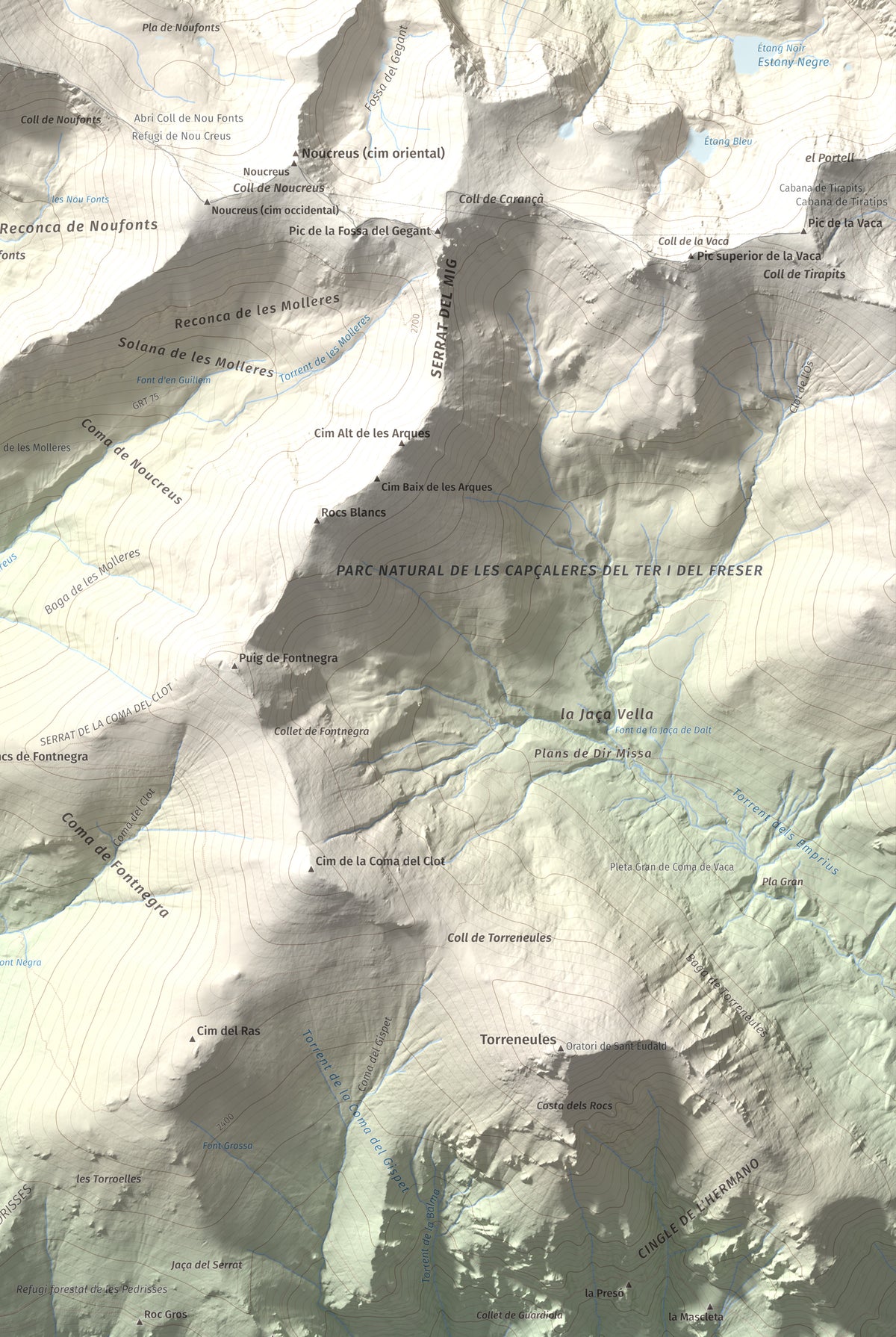 Mapa de relieve de Noufonts, 2861 m, Conflent · Ripollès, lámina 100 Cims de Trobart. Detalle de la zona inferior derecha. 61 × 91 cm.