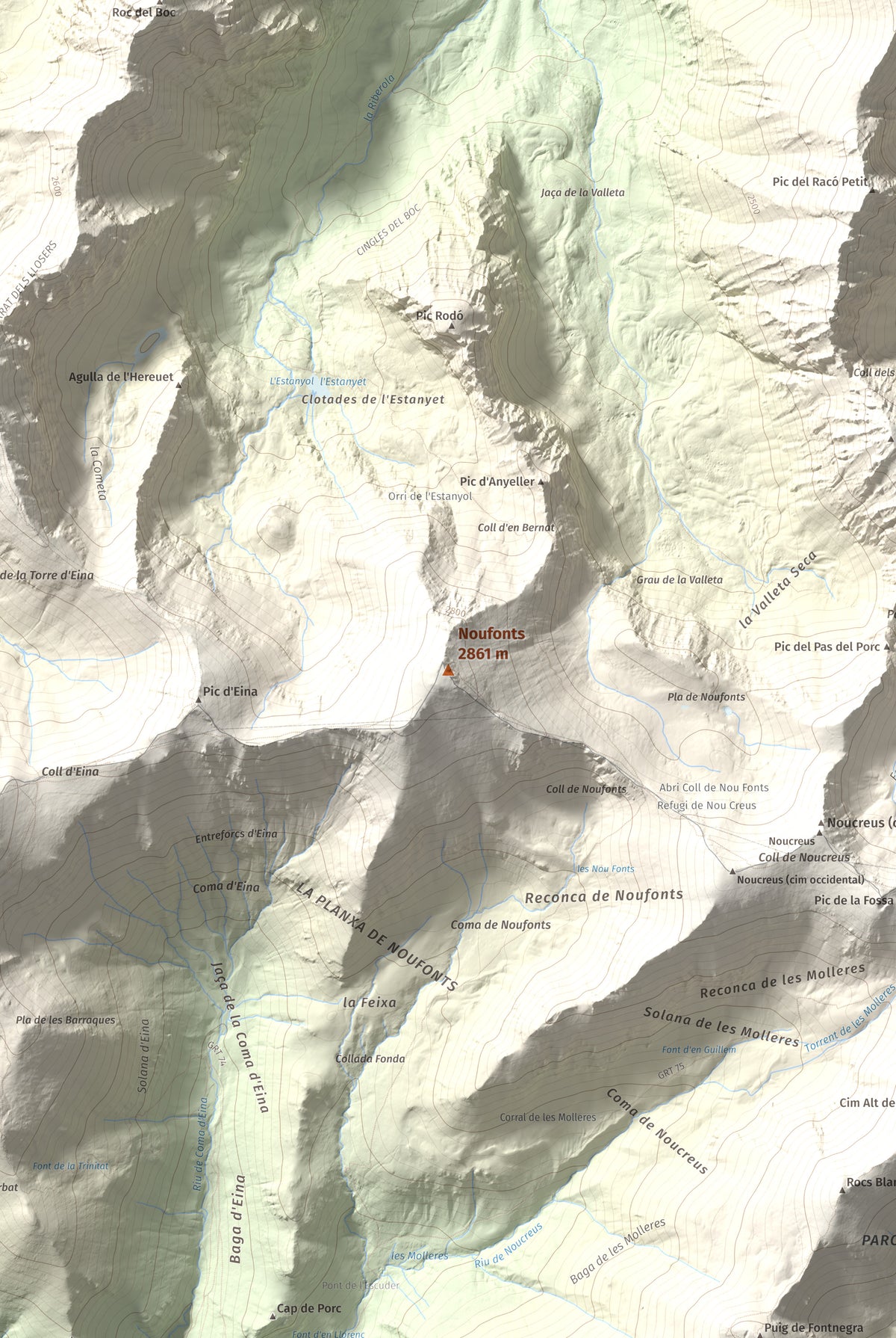 Mapa de relieve de Noufonts, 2861 m, Conflent · Ripollès, lámina 100 Cims de Trobart. Detalle de la zona central. 61 × 91 cm.