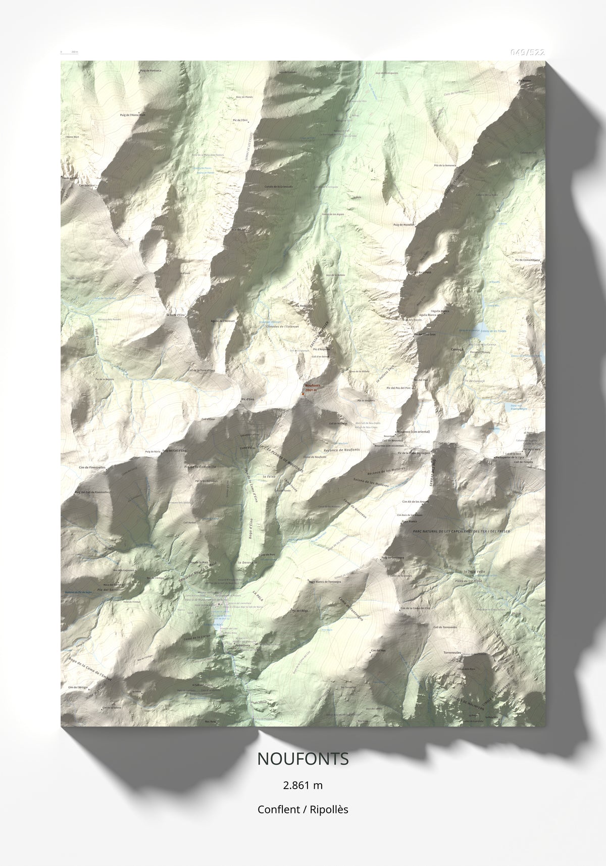 Mapa de relieve de Noufonts, 2861 m, Conflent · Ripollès, lámina 100 Cims de Trobart 70 × 100 cm.