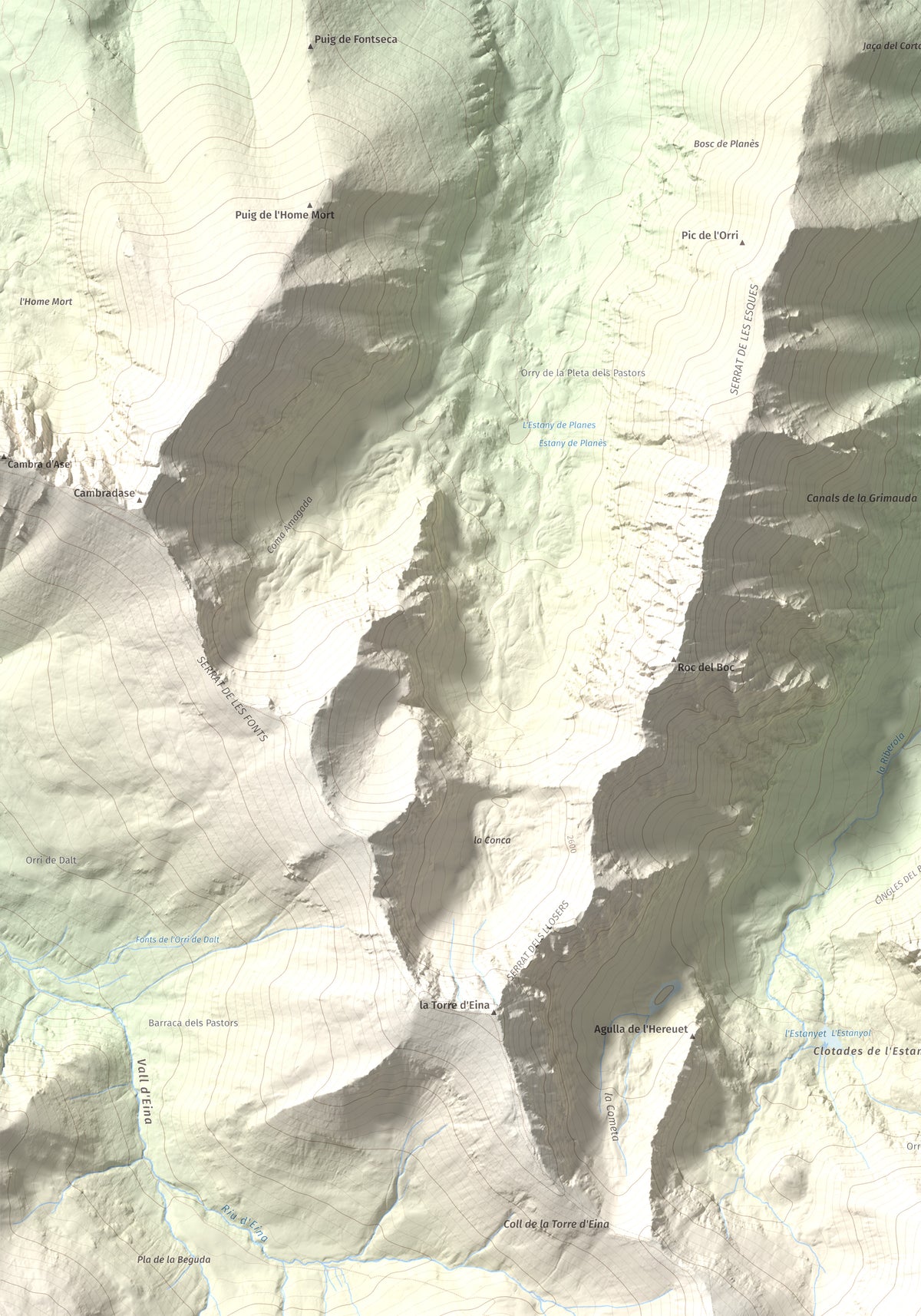 Mapa de relieve de Noufonts, 2861 m, Conflent · Ripollès, lámina 100 Cims de Trobart. Detalle de la zona superior izquierda. 70 × 100 cm.