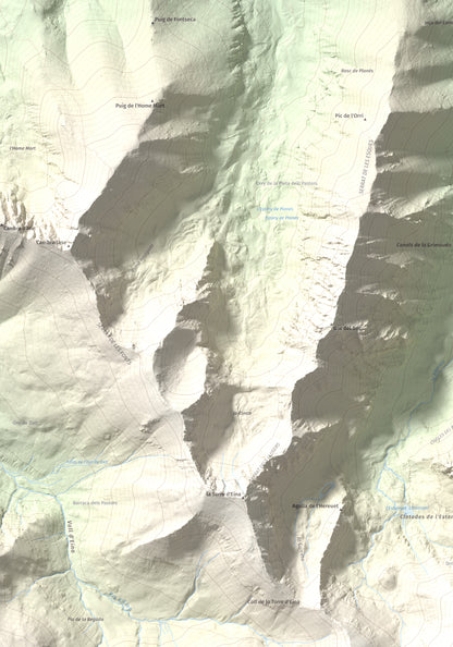 Mapa de relieve de Noufonts, 2861 m, Conflent · Ripollès, lámina 100 Cims de Trobart. Detalle de la zona superior izquierda. 70 × 100 cm.