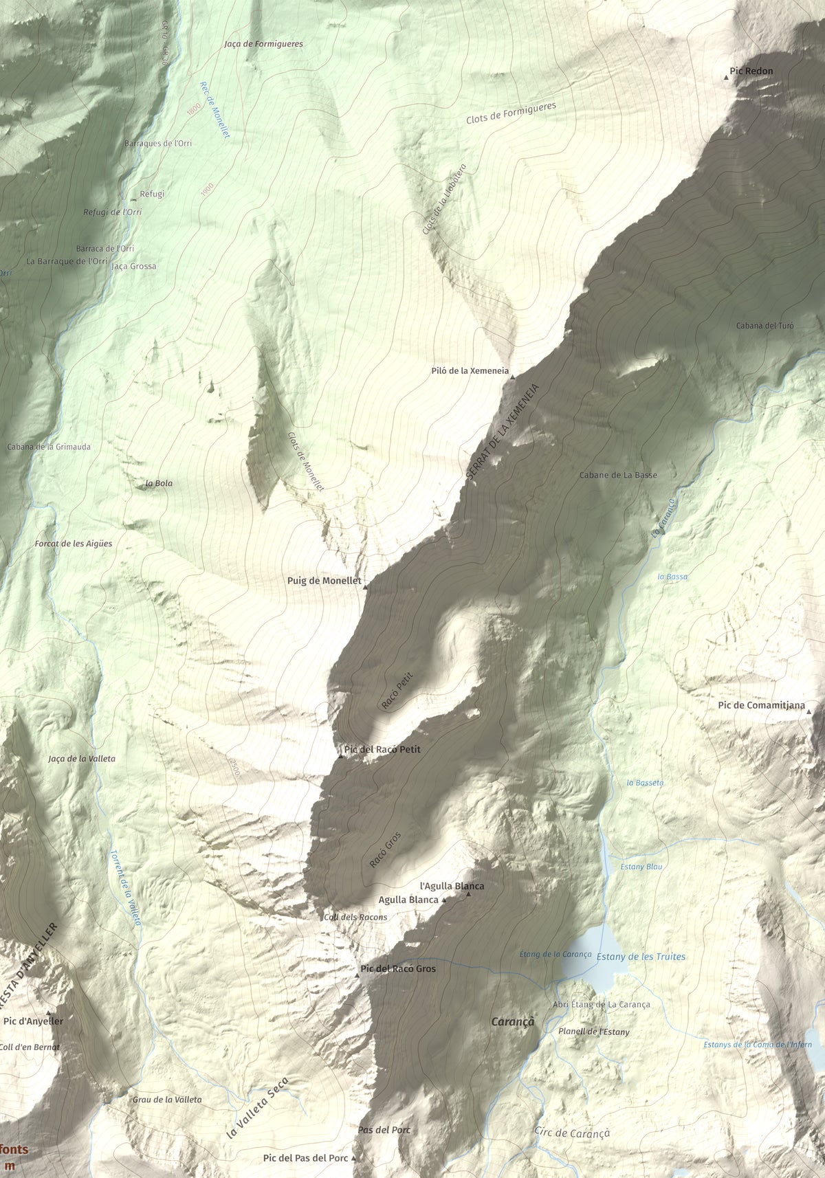 Mapa de relieve de Noufonts, 2861 m, Conflent · Ripollès, lámina 100 Cims de Trobart. Detalle de la zona superior derecha. 70 × 100 cm.