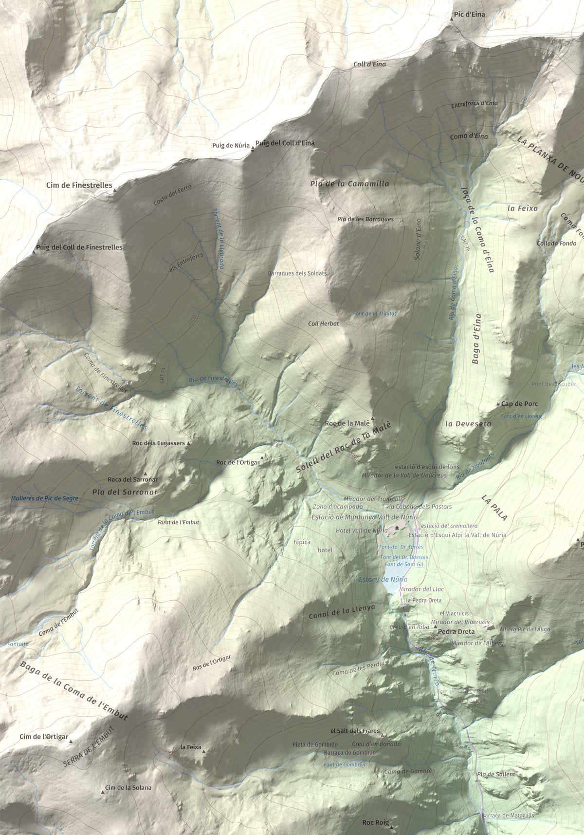 Mapa de relieve de Noufonts, 2861 m, Conflent · Ripollès, lámina 100 Cims de Trobart. Detalle de la zona inferior izquierda. 70 × 100 cm.