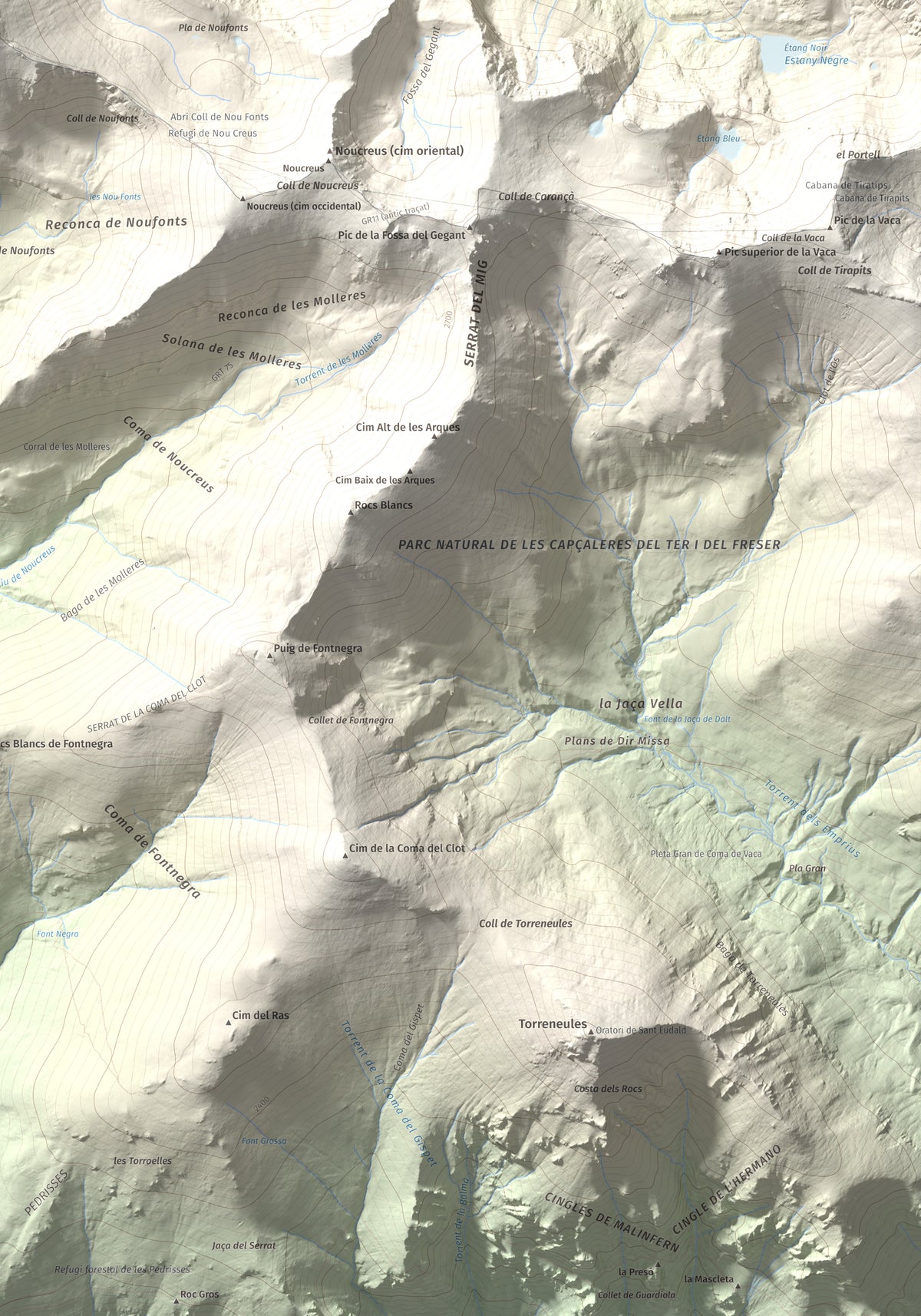 Mapa de relieve de Noufonts, 2861 m, Conflent · Ripollès, lámina 100 Cims de Trobart. Detalle de la zona inferior derecha. 70 × 100 cm.