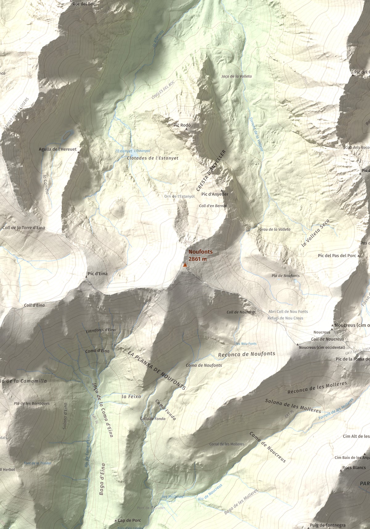 Mapa de relieve de Noufonts, 2861 m, Conflent · Ripollès, lámina 100 Cims de Trobart. Detalle de la zona central. 70 × 100 cm.