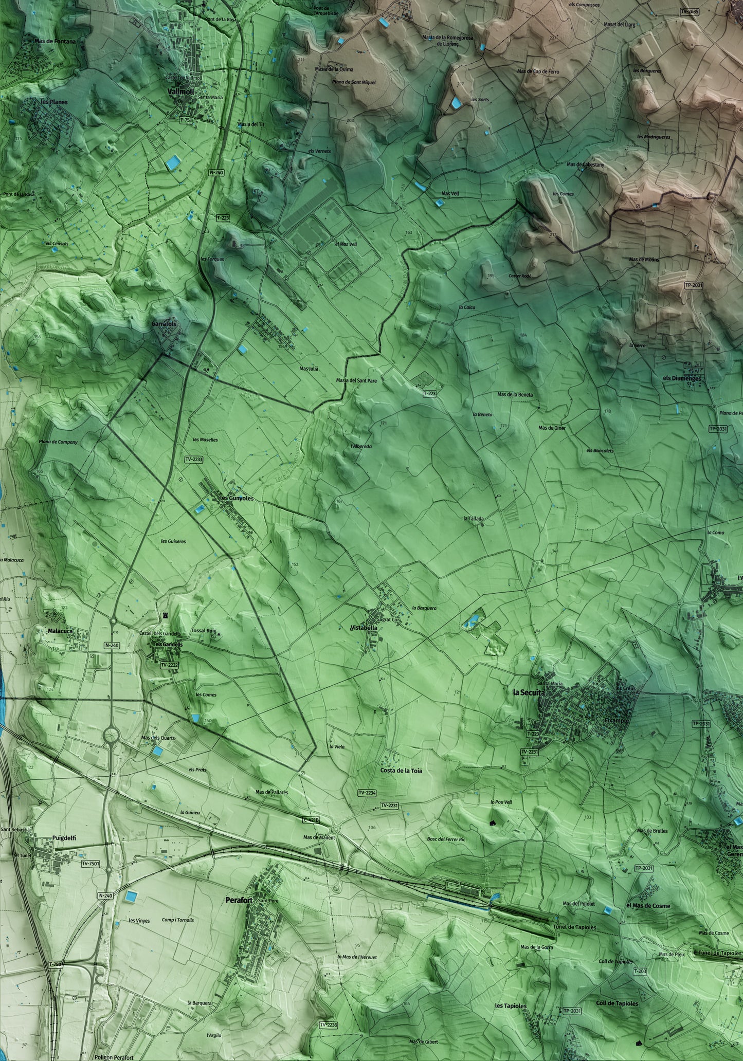 Mapa artístico del relieve de Nulles, al Alt Camp, con 15 km de entorno y base topográfica ICGC. Detalle de la zona inferior izquierda.
