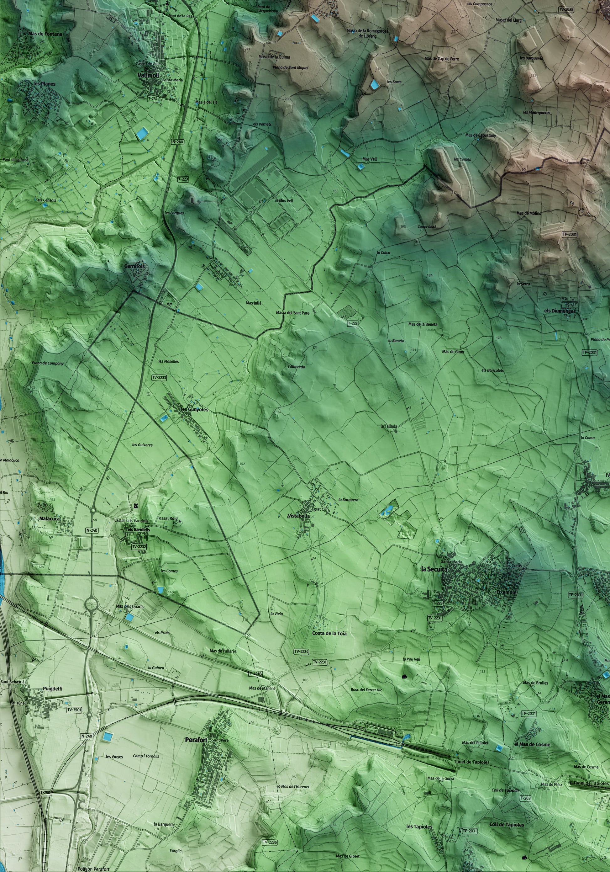 Mapa artístico del relieve de Nulles, al Alt Camp, con 15 km de entorno y base topográfica ICGC. Detalle de la zona inferior izquierda.