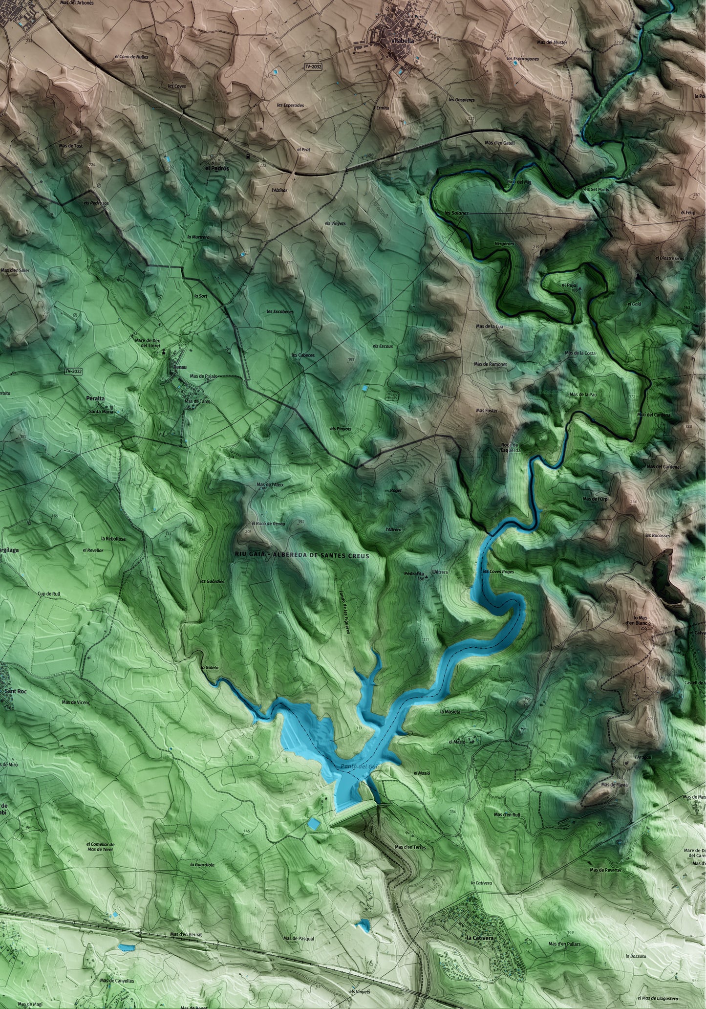 Mapa artístico del relieve de Nulles, al Alt Camp, con 15 km de entorno y base topográfica ICGC. Detalle de la zona inferior derecha.