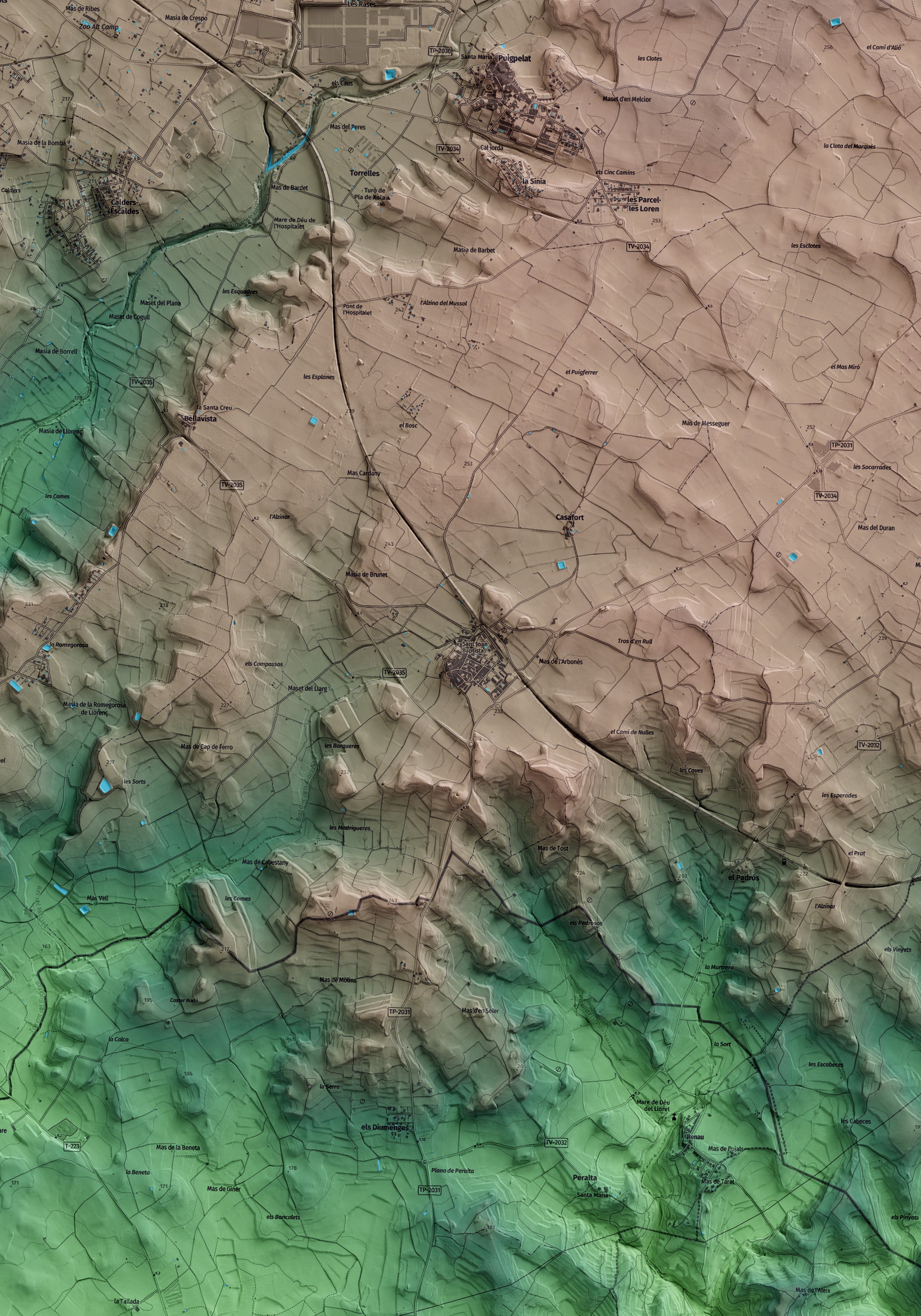 Mapa artístico del relieve de Nulles, al Alt Camp, con 15 km de entorno y base topográfica ICGC. Detalle de la zona central.