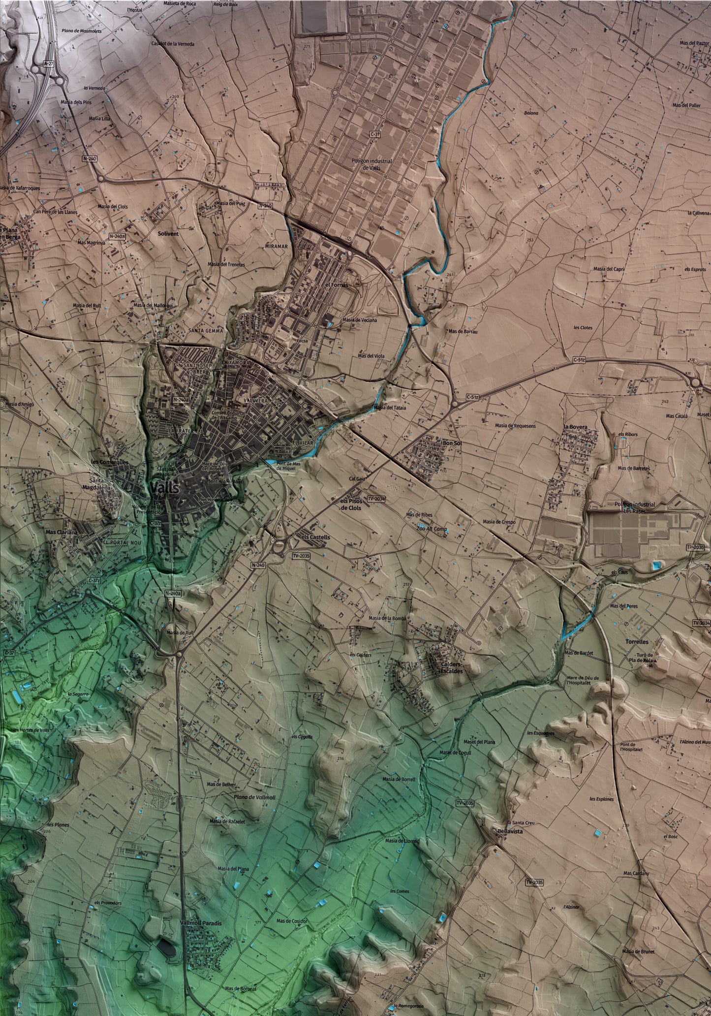 Mapa artístico del relieve de Nulles, al Alt Camp, con 15 km de entorno y base topográfica ICGC. Detalle de la zona superior izquierda.
