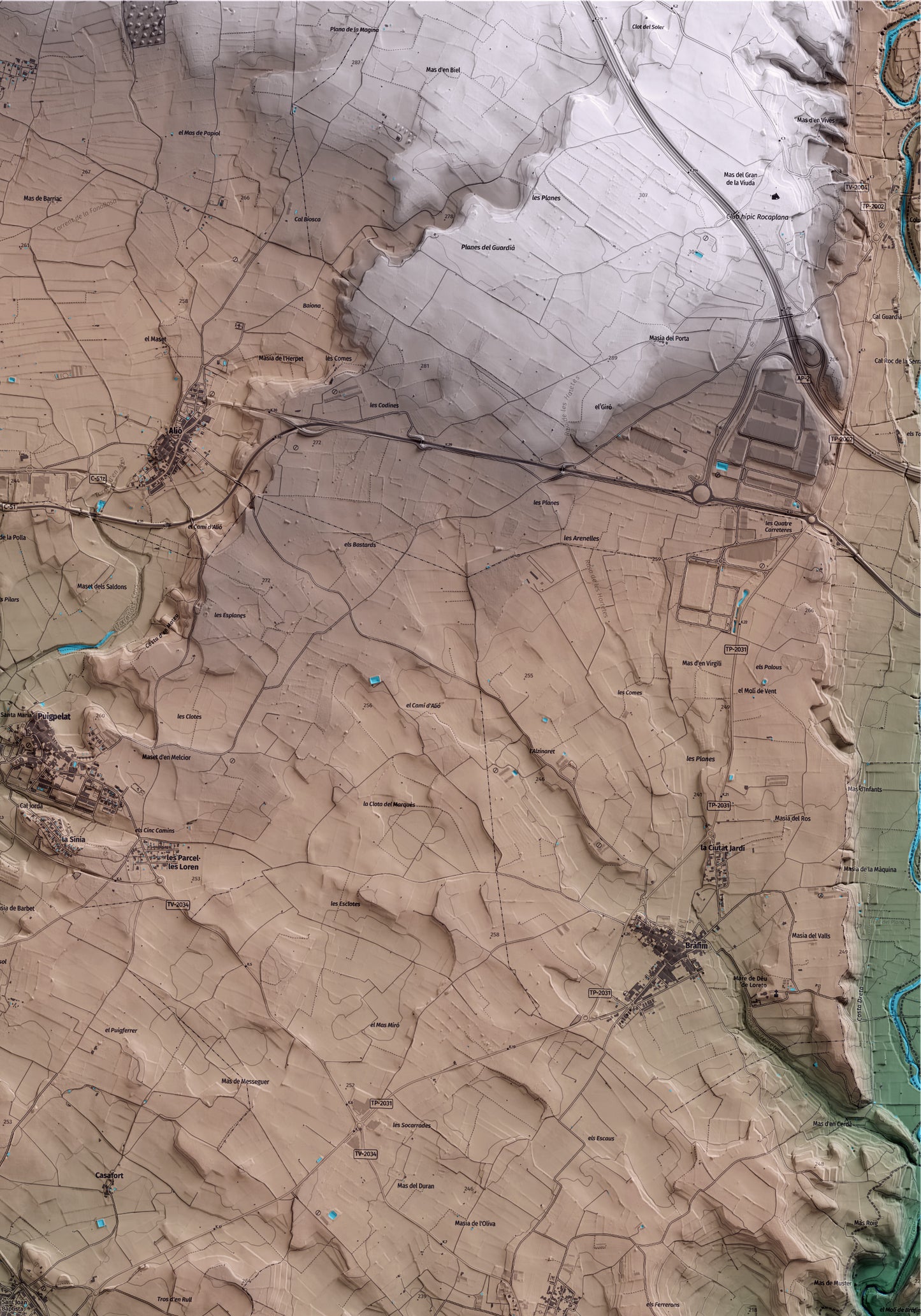 Mapa artístico del relieve de Nulles, al Alt Camp, con 15 km de entorno y base topográfica ICGC. Detalle de la zona superior derecha.
