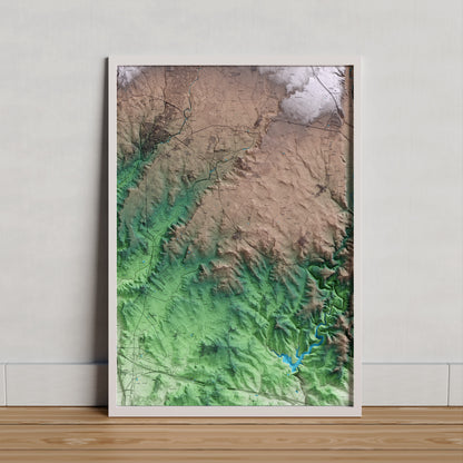 Mapa artístico del relieve de Nulles, al Alt Camp, con 15 km de entorno y base topográfica ICGC. Presentación enmarcada.