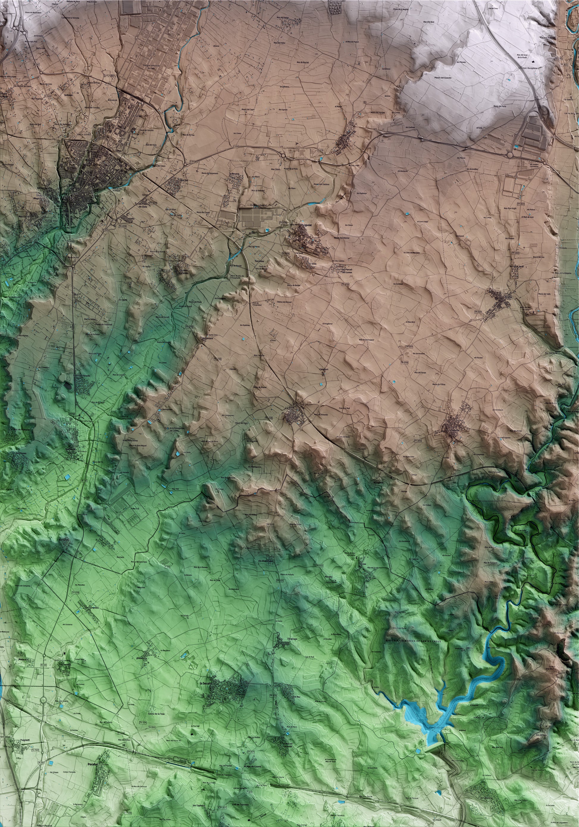 Mapa artístico del relieve de Nulles, al Alt Camp, con 15 km de entorno y base topográfica ICGC