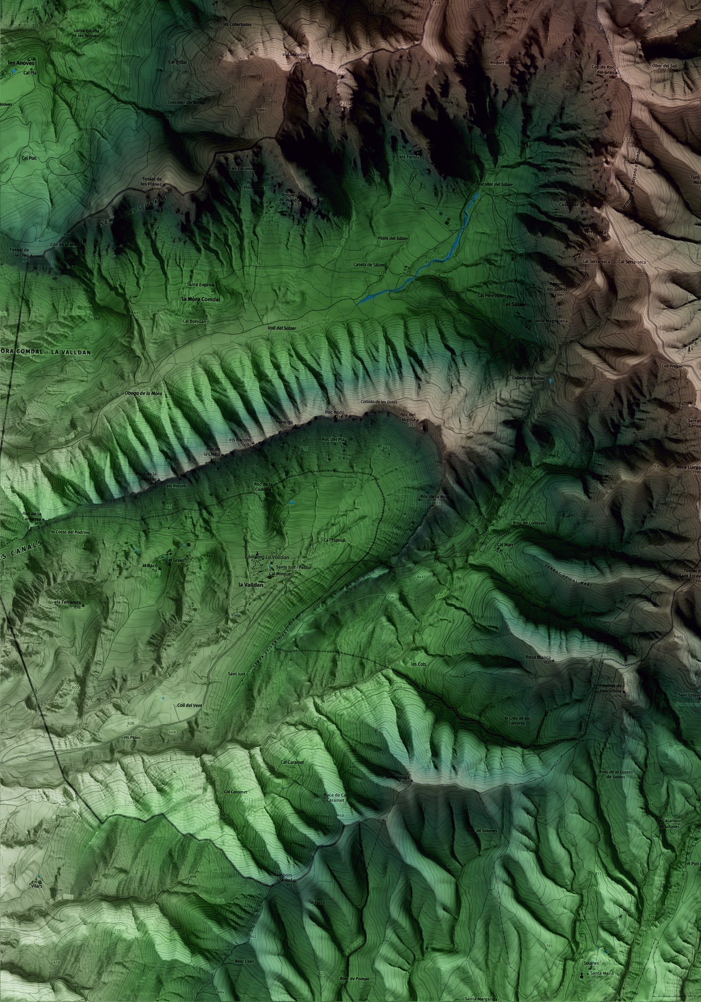 Mapa artístico del relieve de Odèn, al Solsonès, con 15 km de entorno y base topográfica ICGC. Detalle de la zona inferior izquierda.