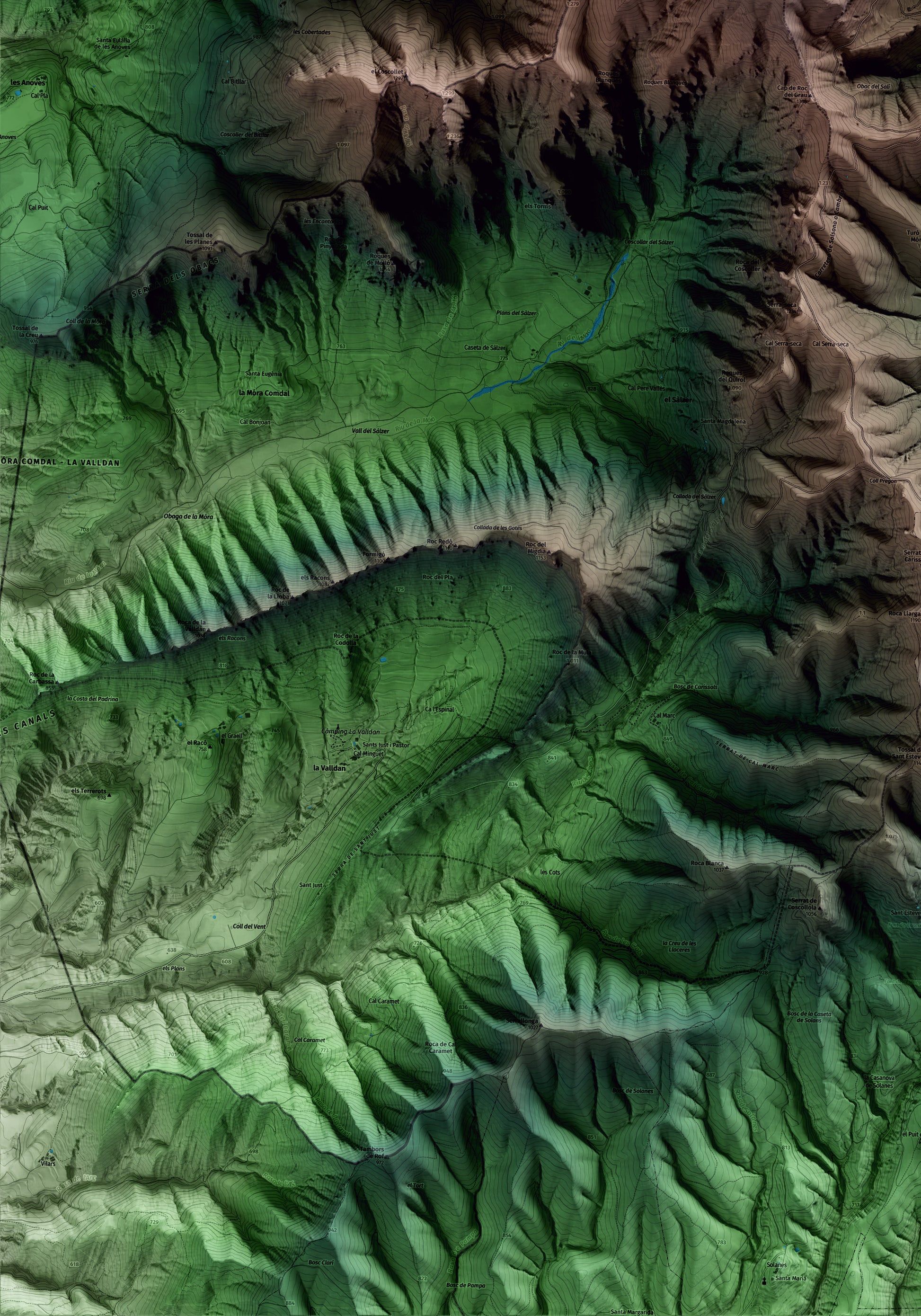 Mapa artístico del relieve de Odèn, al Solsonès, con 15 km de entorno y base topográfica ICGC. Detalle de la zona inferior izquierda.