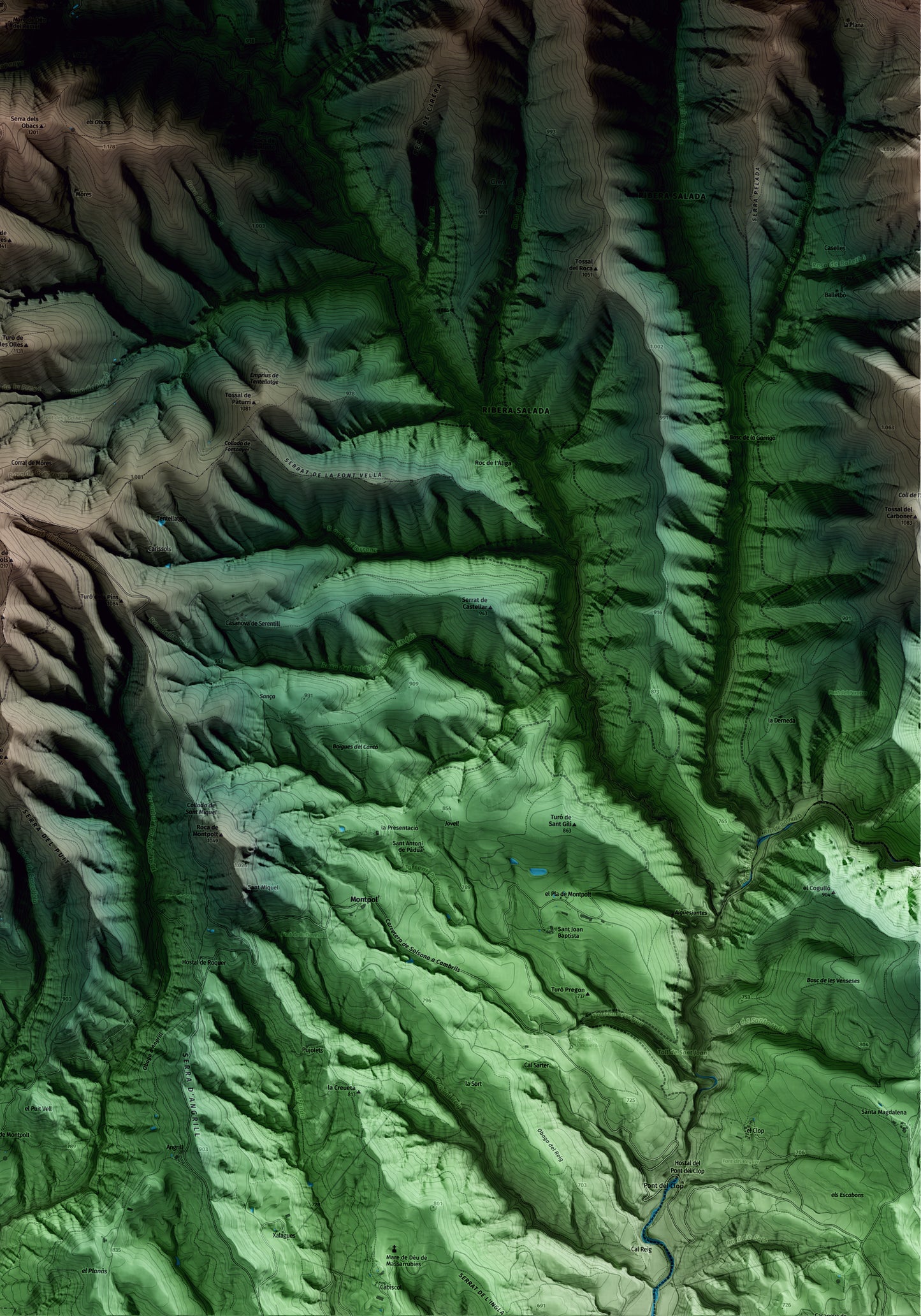 Mapa artístico del relieve de Odèn, al Solsonès, con 15 km de entorno y base topográfica ICGC. Detalle de la zona inferior derecha.