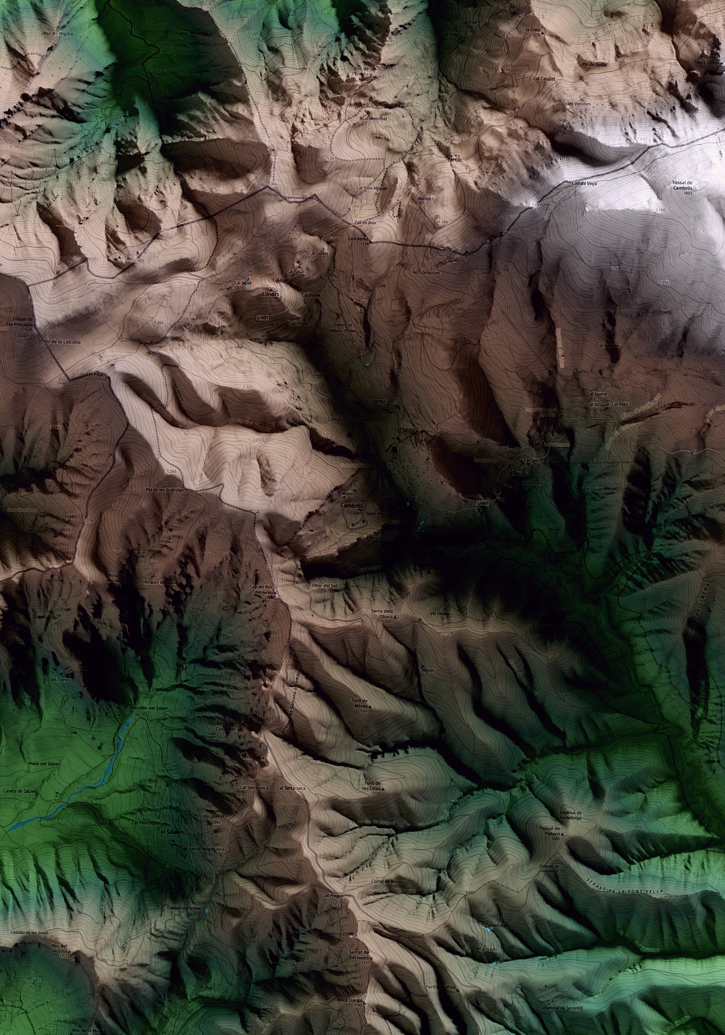 Mapa artístico del relieve de Odèn, al Solsonès, con 15 km de entorno y base topográfica ICGC. Detalle de la zona central.