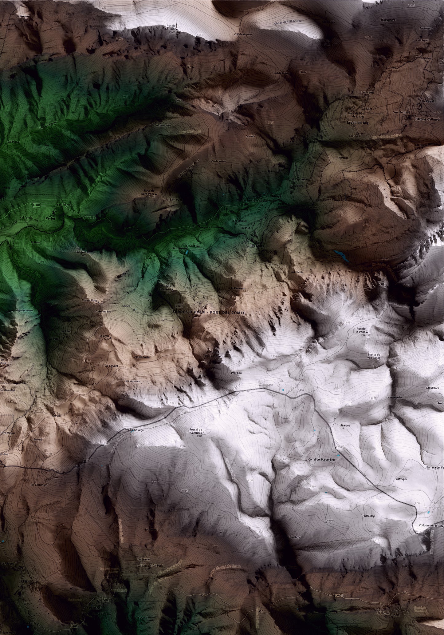 Mapa artístico del relieve de Odèn, al Solsonès, con 15 km de entorno y base topográfica ICGC. Detalle de la zona superior derecha.