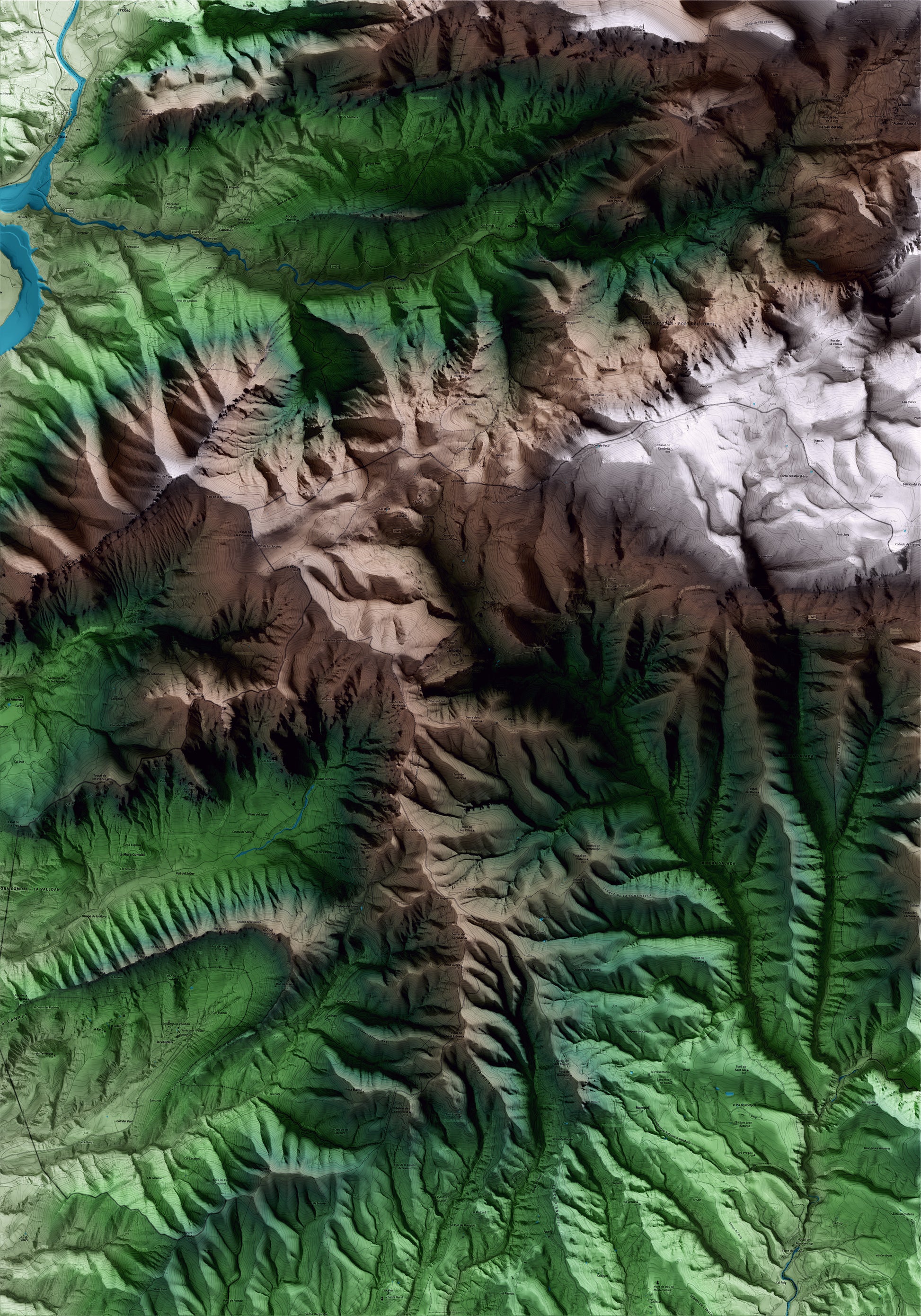 Mapa artístico del relieve de Odèn, al Solsonès, con 15 km de entorno y base topográfica ICGC
