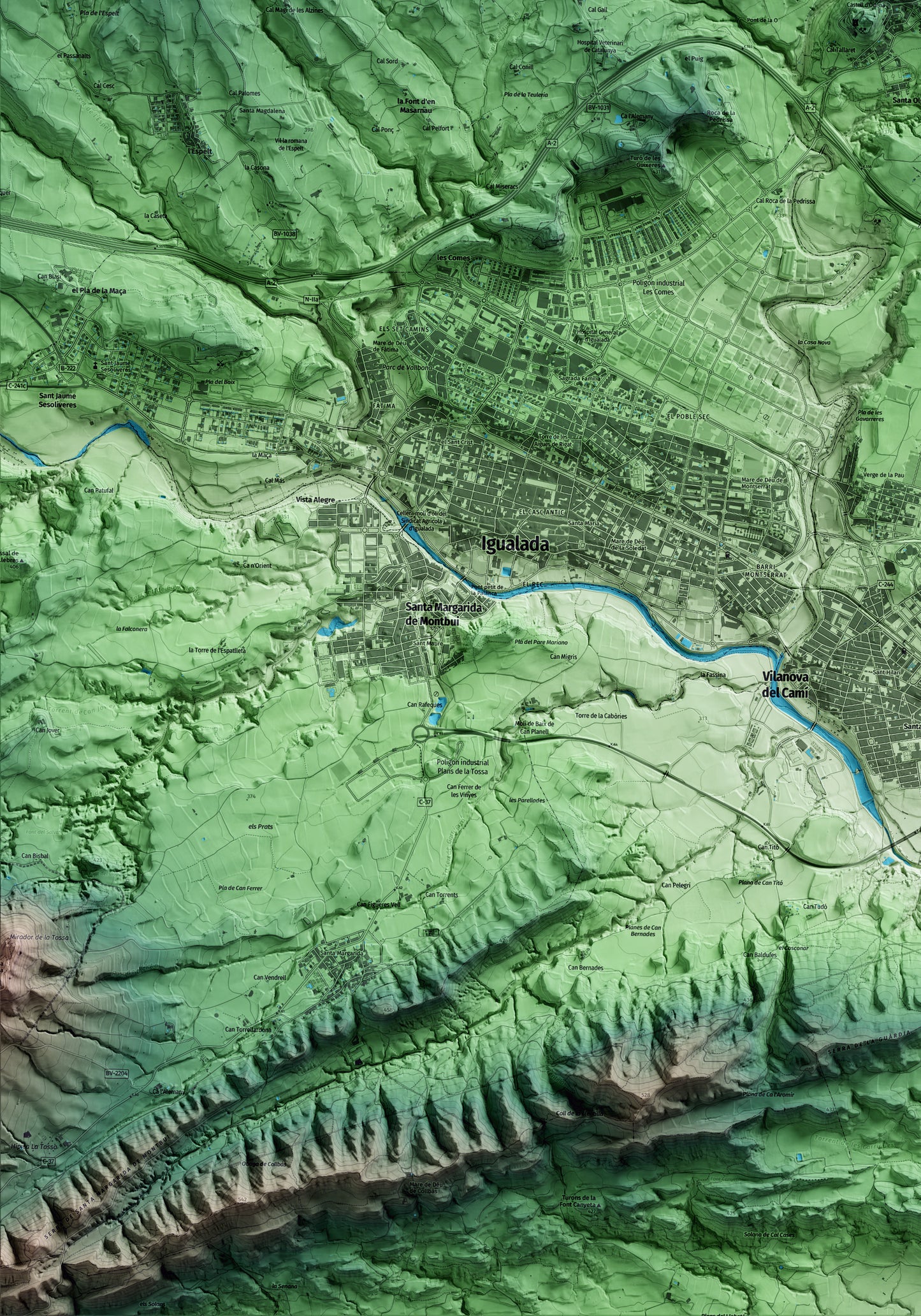 Mapa artístico del relieve de Òdena, al Anoia, con 15 km de entorno y base topográfica ICGC. Detalle de la zona inferior izquierda.