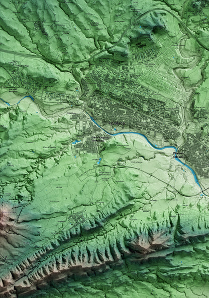 Mapa artístico del relieve de Òdena, al Anoia, con 15 km de entorno y base topográfica ICGC. Detalle de la zona inferior izquierda.