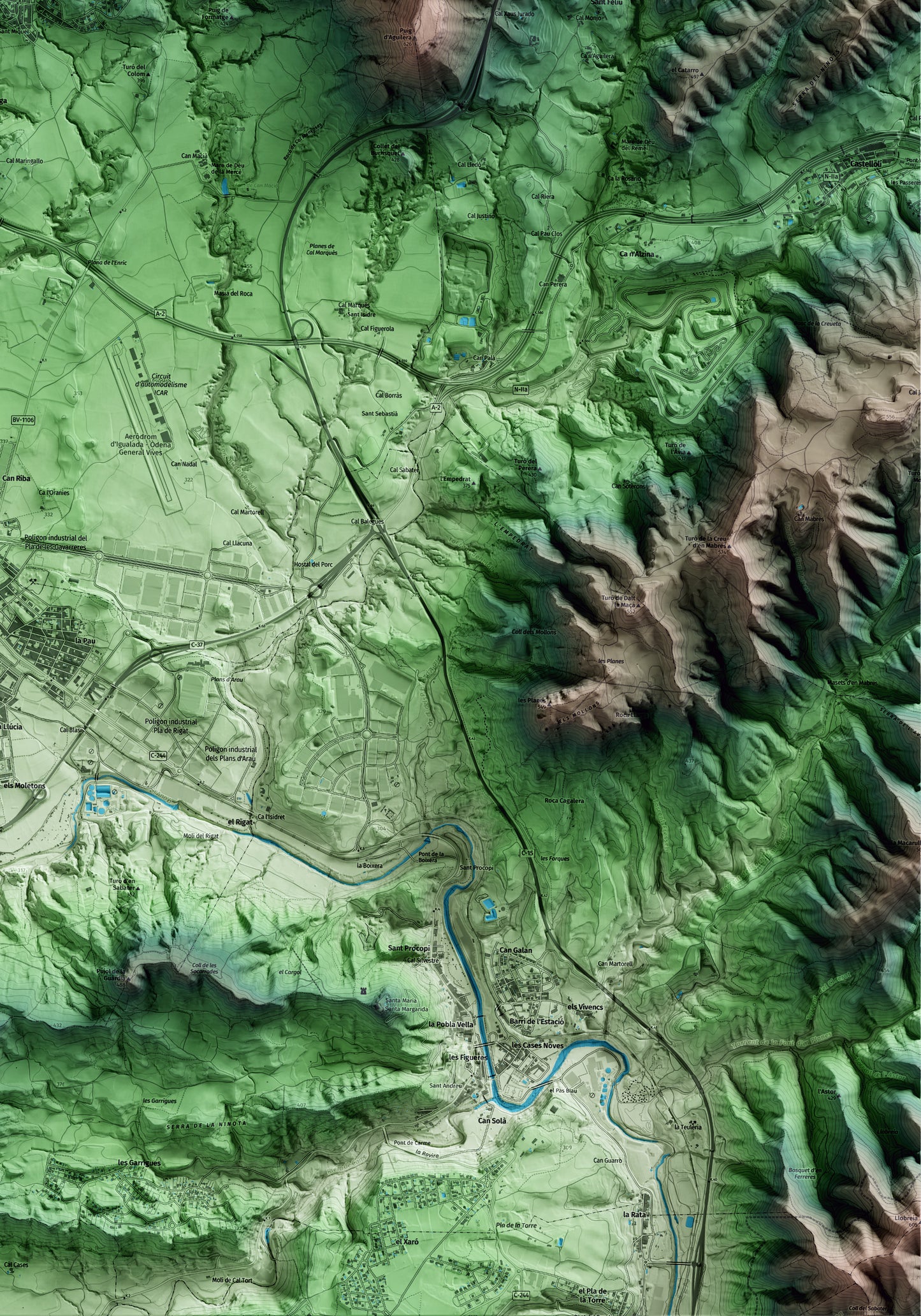 Mapa artístico del relieve de Òdena, al Anoia, con 15 km de entorno y base topográfica ICGC. Detalle de la zona inferior derecha.