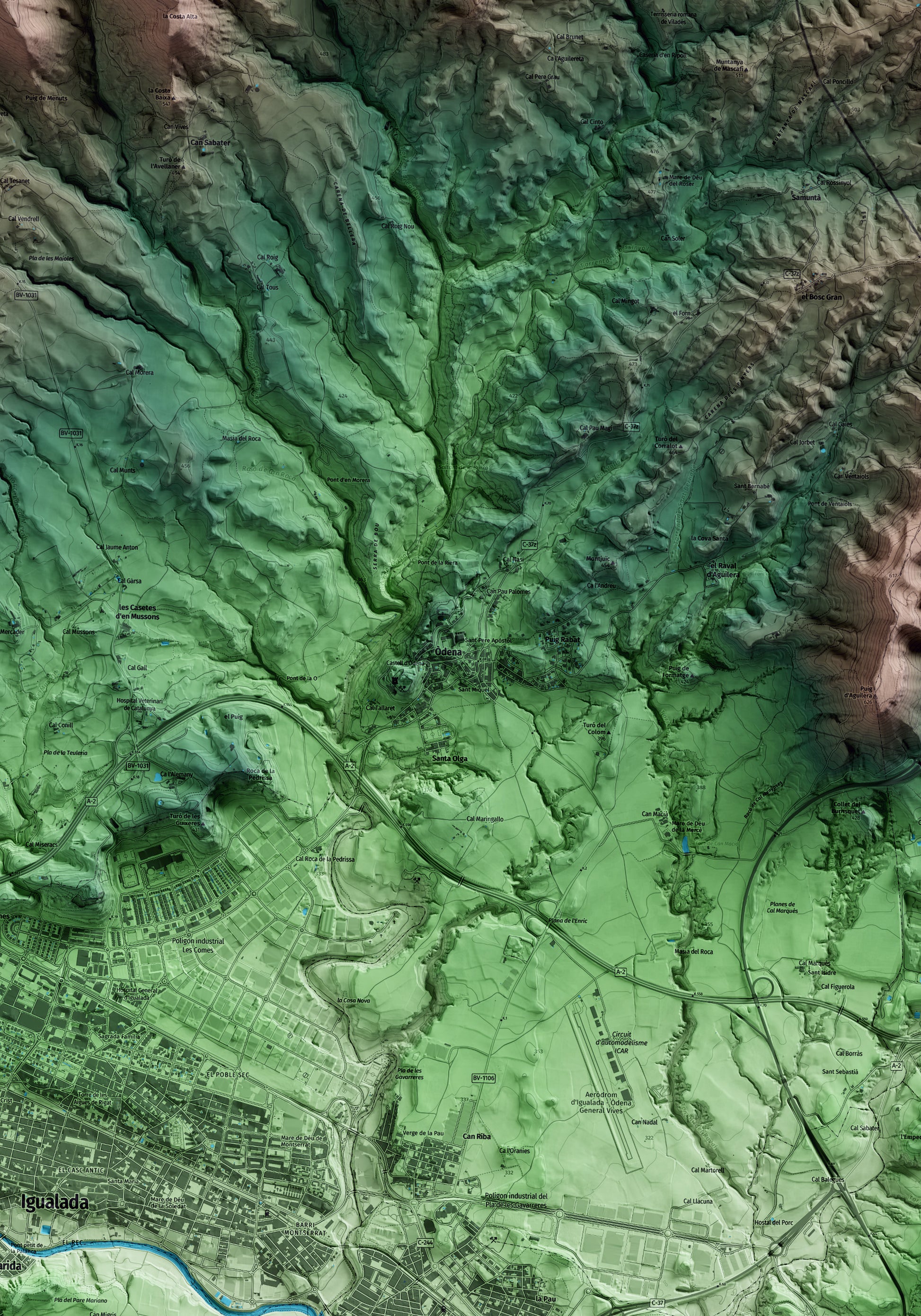 Mapa artístico del relieve de Òdena, al Anoia, con 15 km de entorno y base topográfica ICGC. Detalle de la zona central.