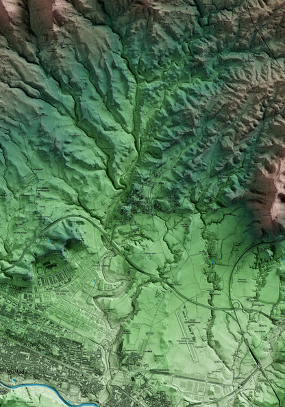 Mapa artístico del relieve de Òdena, al Anoia, con 15 km de entorno y base topográfica ICGC. Detalle de la zona central.