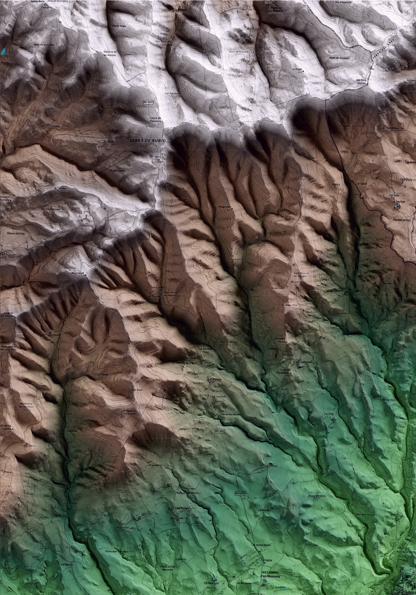 Mapa artístico del relieve de Òdena, al Anoia, con 15 km de entorno y base topográfica ICGC. Detalle de la zona superior izquierda.